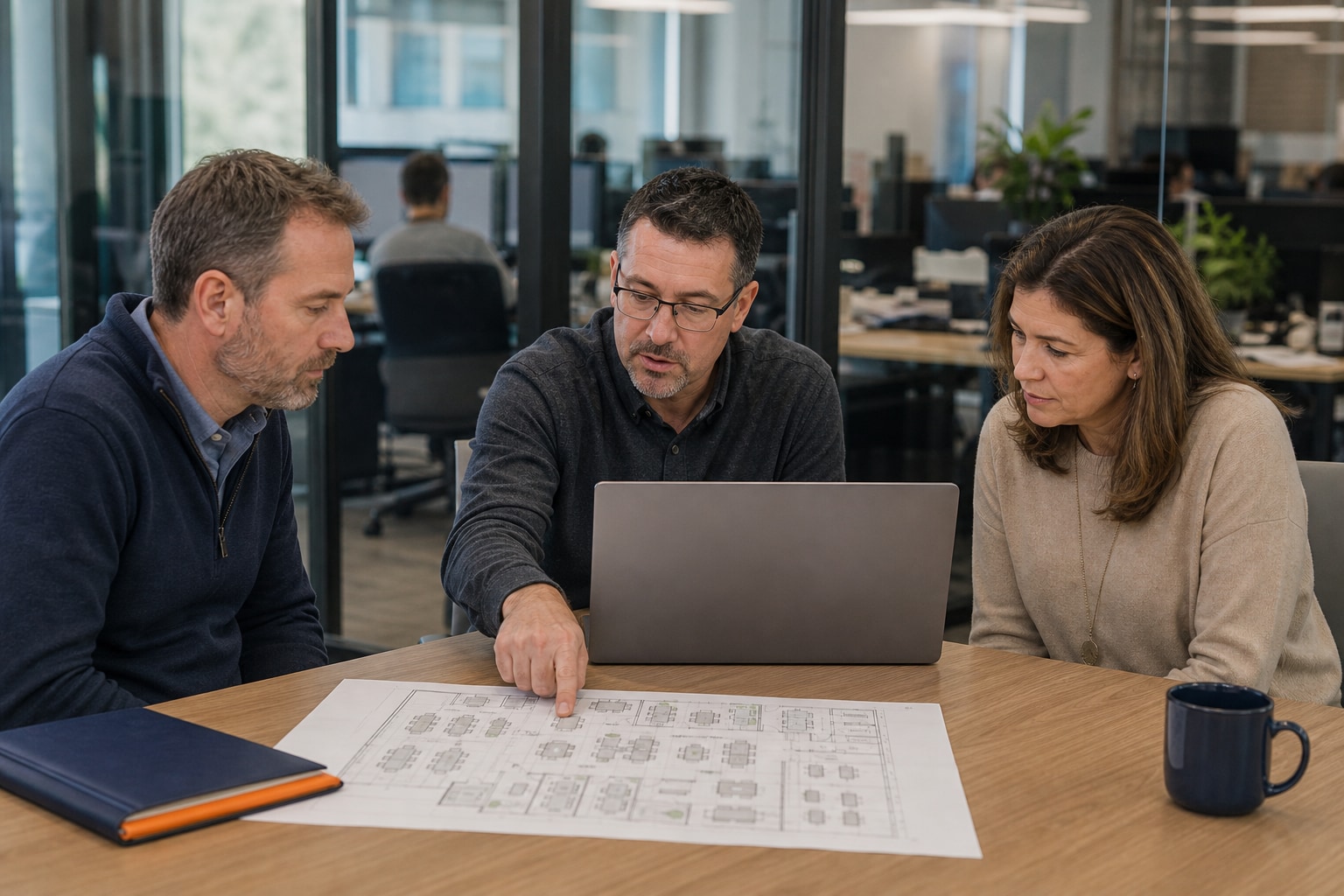 A technology advisor planning an office system with two business leaders.