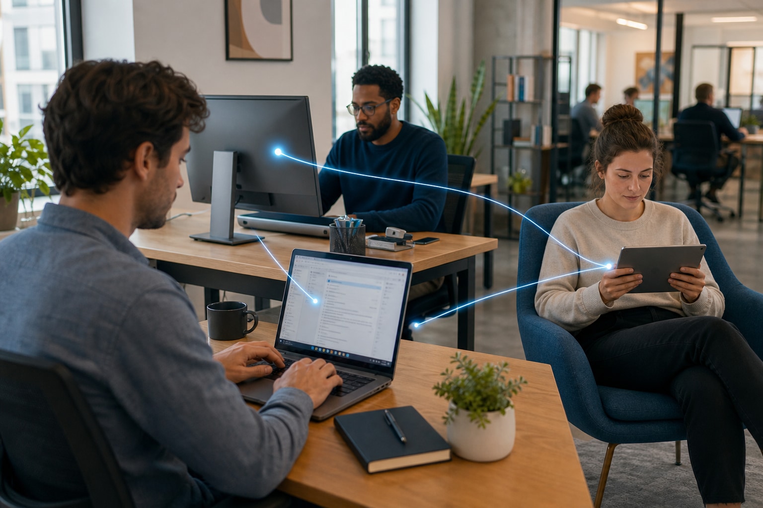 A business team collaborating across connected cloud tools.