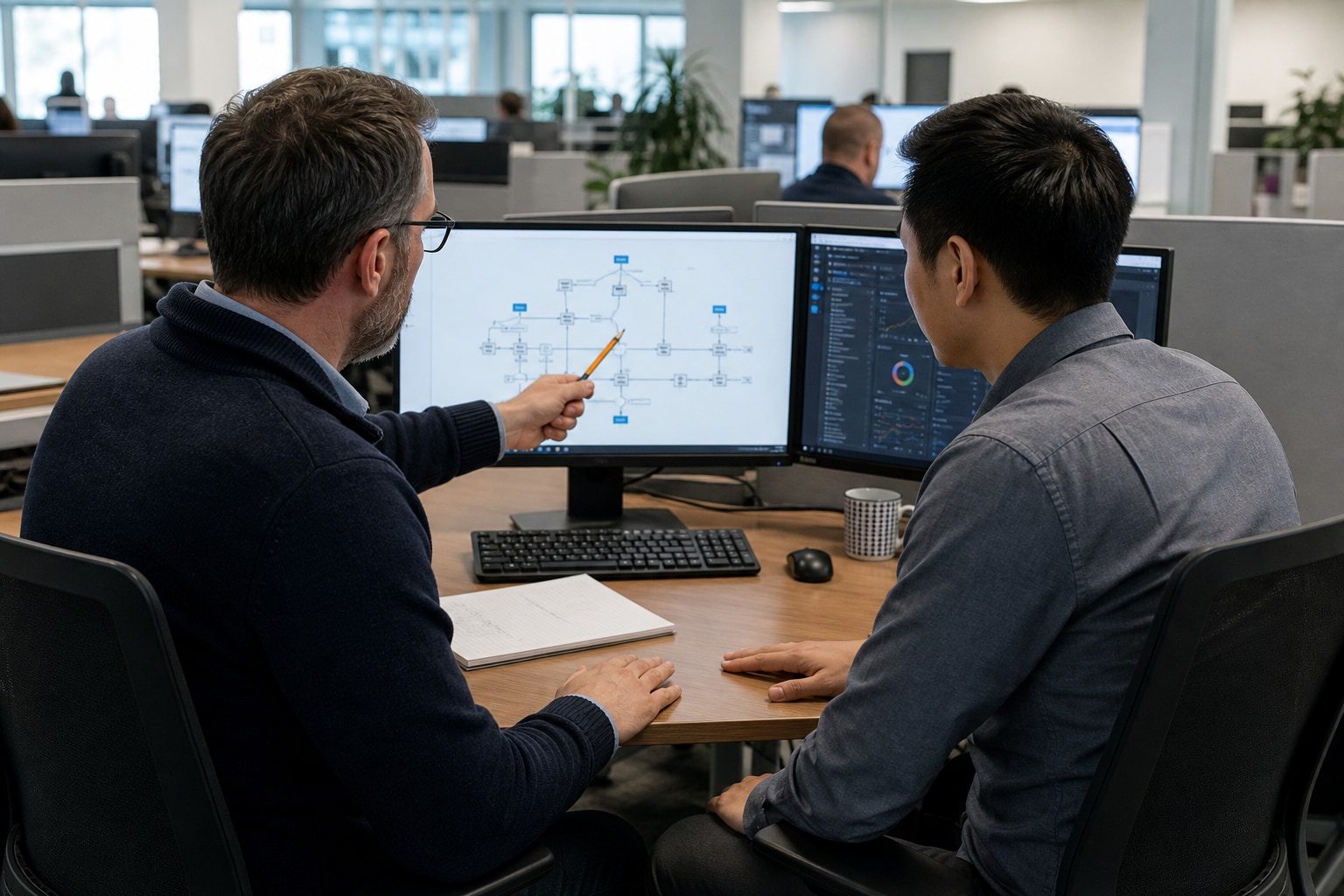 Two technology professionals reviewing a systems plan together.