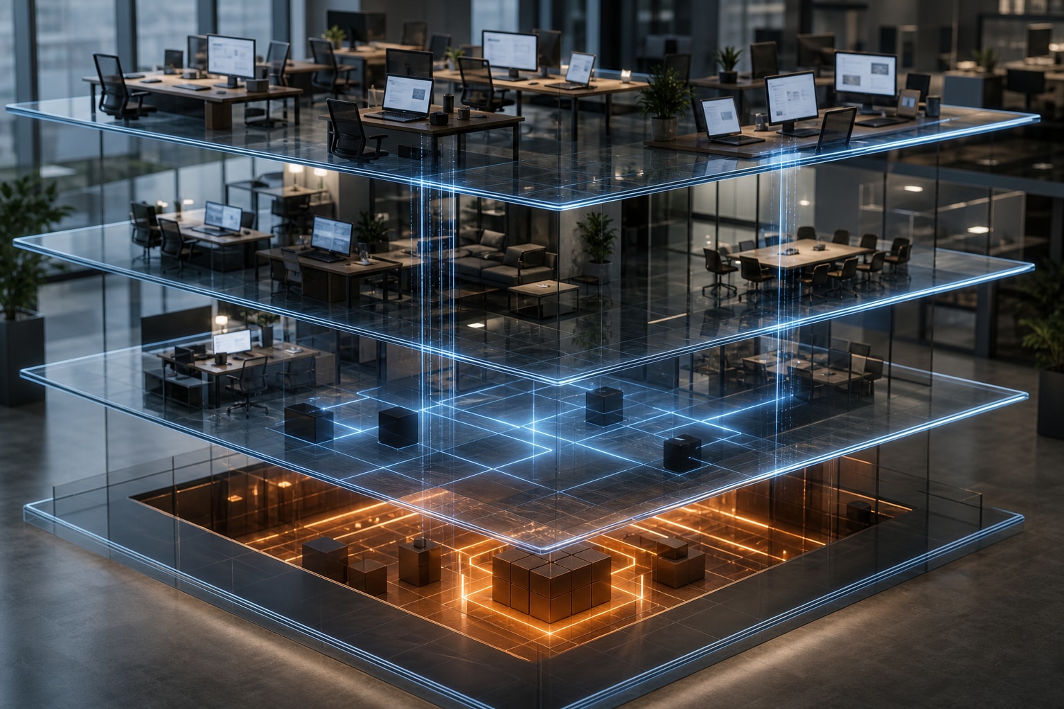 Conceptual layers of protection surrounding a connected business environment.