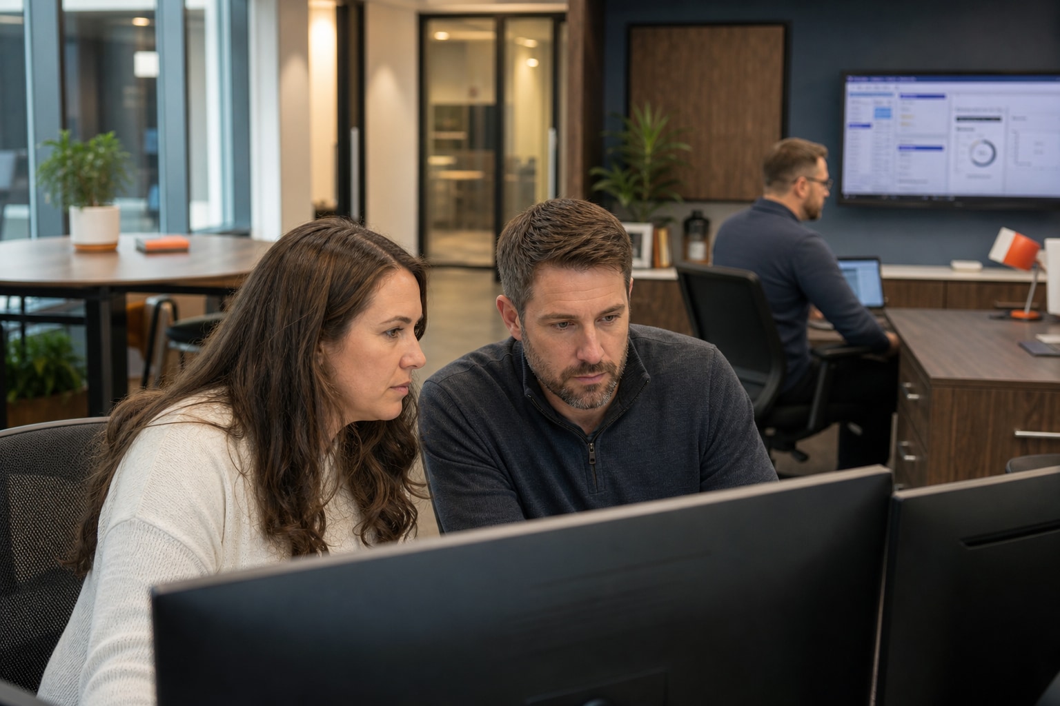 A business team working with an IT professional in a modern office.