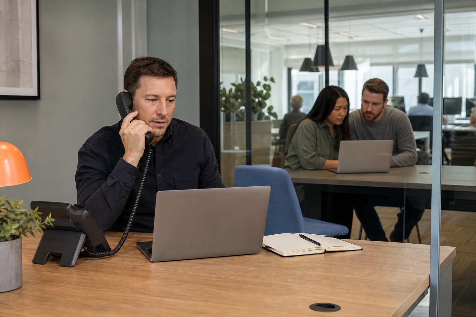 A professional team communicating across phone, laptop, and shared workspaces.