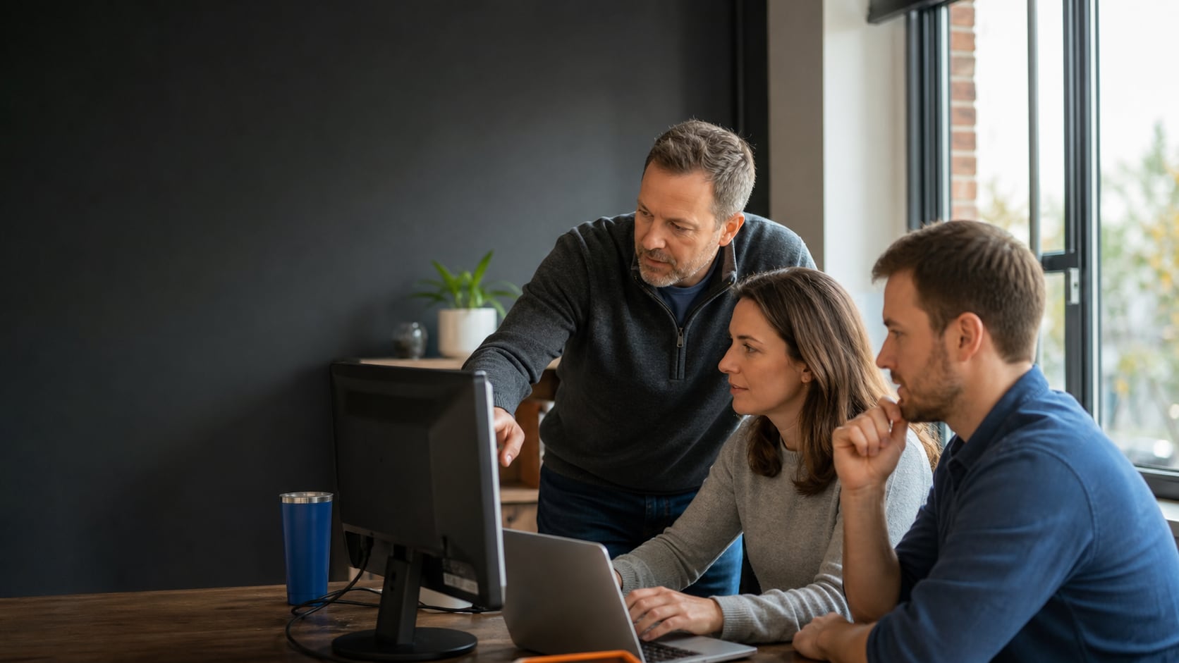 Three people working together at computers in a professional office.